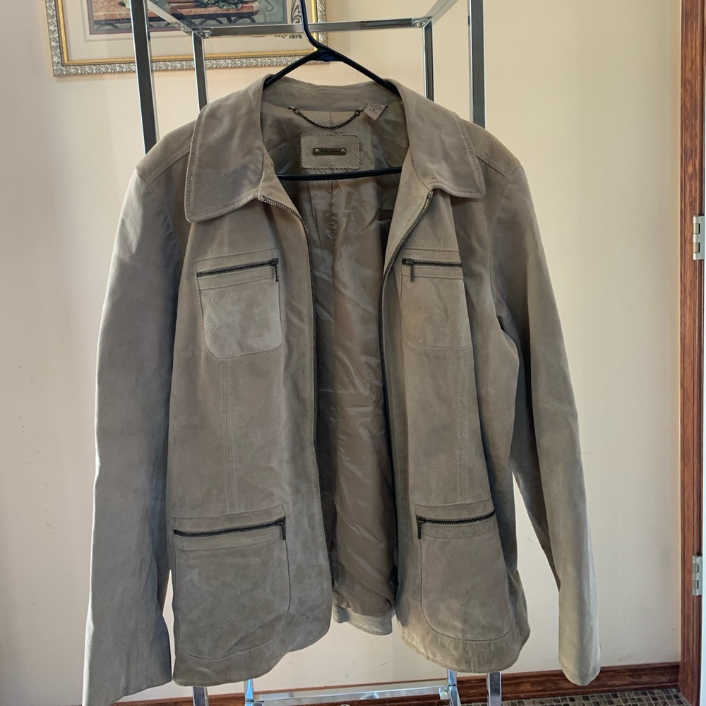 i.e. relaxed leather jacket; XL; shell- 100% leather lining- 100% acetate; tan